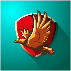 Vector illustration, flying eagle with red shield background.