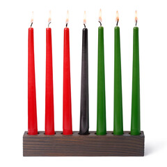 Kwanzaa festival concept with seven candles red, black and green in candlestick is isolated on...