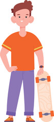 Happy kid with skateboard. Active boy. Cartoon child