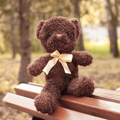 A teddy bear sits on a bench in an autumn park. The concept of loneliness. Brown bear cub alone in the forest.