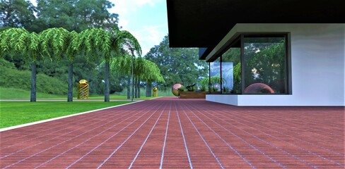 Stacked red brickwork as a blind area on the territory of a private country estate designed in a minimalist style. Wonderful green ecological park. 3d rendering.