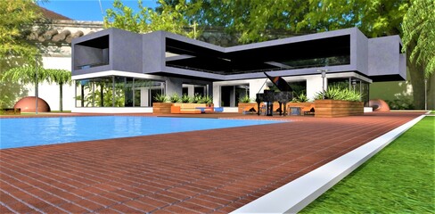 Wonderful design of a modern private house in a park among green plants and old buildings. Red paving bricks stacked around the pool. 3d rendering.