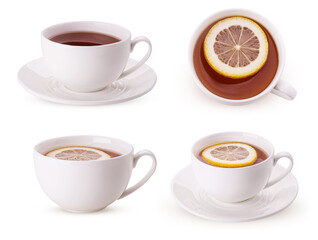 Set hot black tea with lemon slice