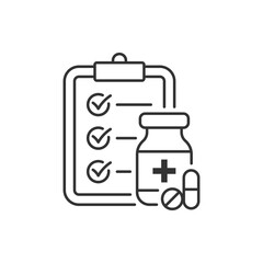 Medicine and clipboard. Medical checklist report icon concept isolated on white background. Vector illustration