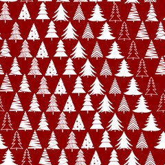 White new year seamless pattern with Christmas trees  on red background for fabrics, paper, textile, gift wrap