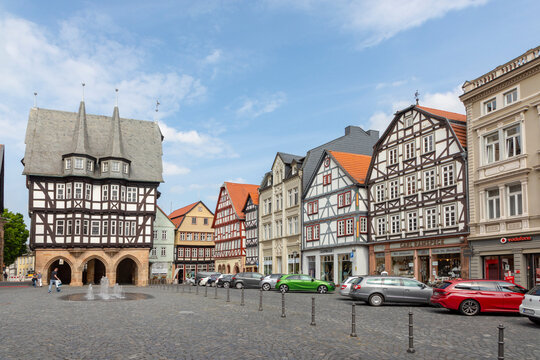 famous town hall and half timbered historic houses at central square in Alsfeld, germany.