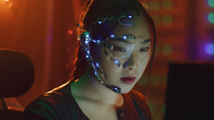 A Cyberpunk girl works on the computer in the red neon lights. Asian girl with futuristic one-eyed glasses and microphone. Cyber and sci-fi backgrounds.