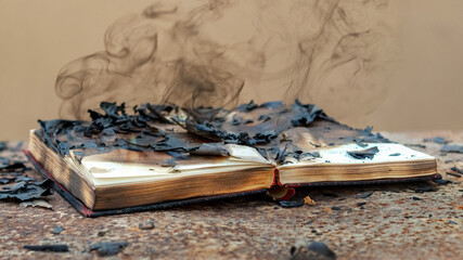 An open book with charred pages and smoke above the book. Burnt book during a fire