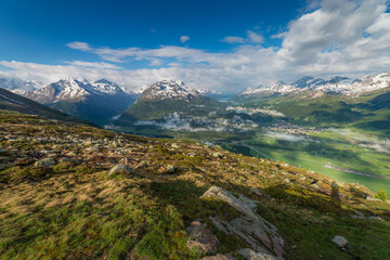 Naklejka premium Celerina an Engadine Lakes, St Moritz, Silvaplana and Maloja from Muottas Muragl