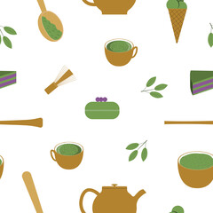 Seamless pattern with elements for making matcha tea and desserts from matcha. Flat style. Vector.
