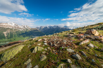 Fototapeta na wymiar Celerina an Engadine alps, St Moritz, Silvaplana and Maloja from Muottas Muragl