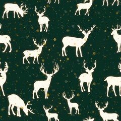 Handmade Seamless Christmas Pattern with Reindeer and gold Snowflakes on green background
