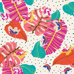 Blue Leaves Tropical Vector Seamless Pattern.