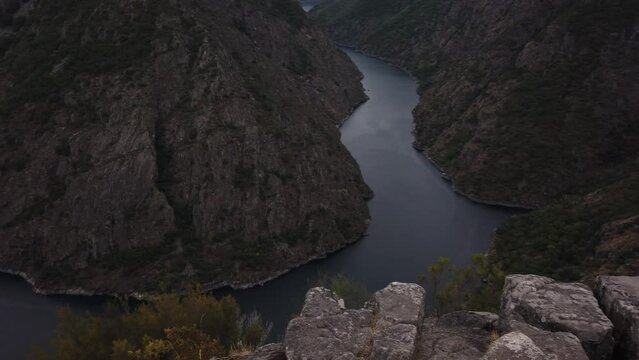 PAN SHOT- View of Canyon del Sil from Miradoiro de Vilouxe near Parada de Sil in Galicia, Spain, Europe. The Sil Canyon is, undoubtedly, one of the Ribeira Sacra&rsquo;s most important attractions.