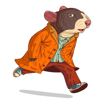 A Guy in a Hurry, isolated vector illustration. Trendy dressed mouse person hastening somewhere. A rat character in a casual outfit running. Drawn sticker. An animal character on white background.