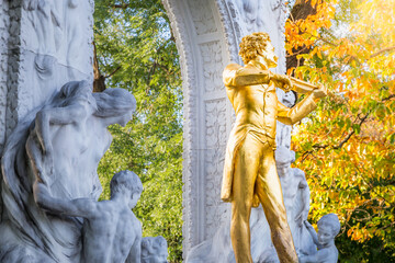 Monument to composer Johann Strauss in Stadtpark at springtime, Vienna, Austria