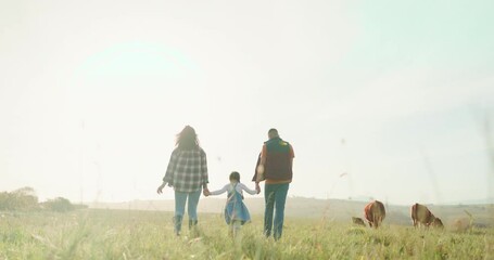 Farm, parents and child walking in the countryside while farming, holding hands and bonding. Agriculture, sustainability and agro man farmer with family in eco friendly, sustainable and ecology field - Powered by Adobe