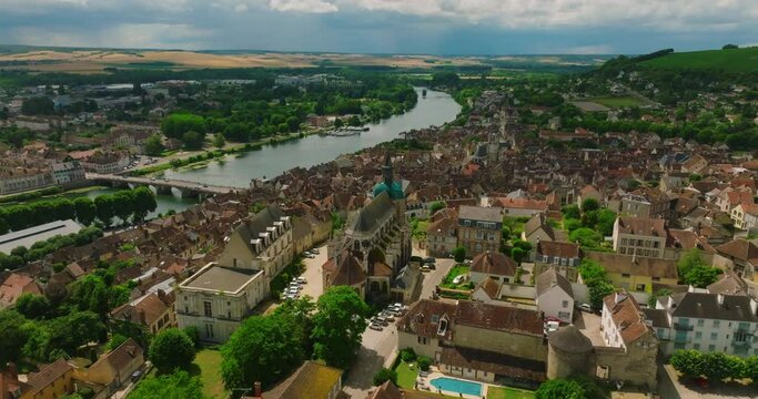 Aerial view of the French city of Joigny. Joigny is a commune in the Yonne department in Bourgogne-Franche-Comte in north-central France