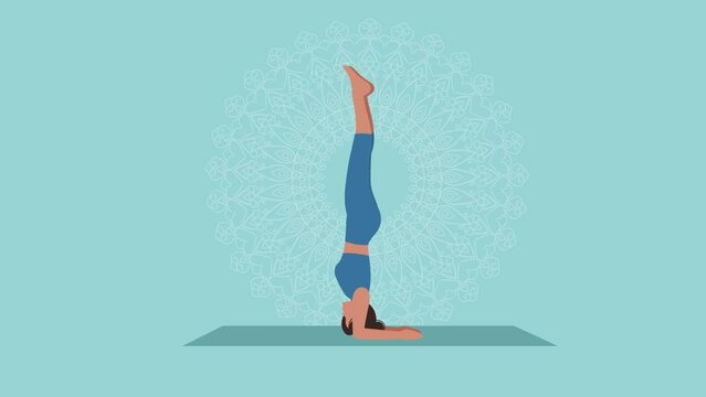 A woman performs an elbow stand on a mat, yoga asana, performs splits. A mandala is spinning in the background . Animation of a woman doing yoga .