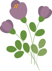 Vector illustration of bouquet of purple flowers with green leaves. Vector clipart with two violet flowers and leaves