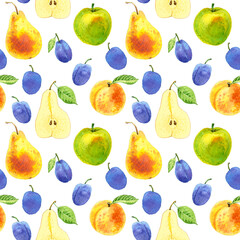Beautiful seamless pattern with hand drawn watercolours pear, apple, plum and peach . On white background. Illustration with fruits.
