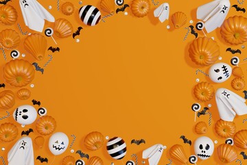 Background for Halloween. Halloween ghost balloons, pumpkins, bats, candies on yellow background. 3d render