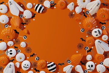 Background for Halloween. Halloween ghost balloons, pumpkins, bats, candies on yellow background. 3d render
