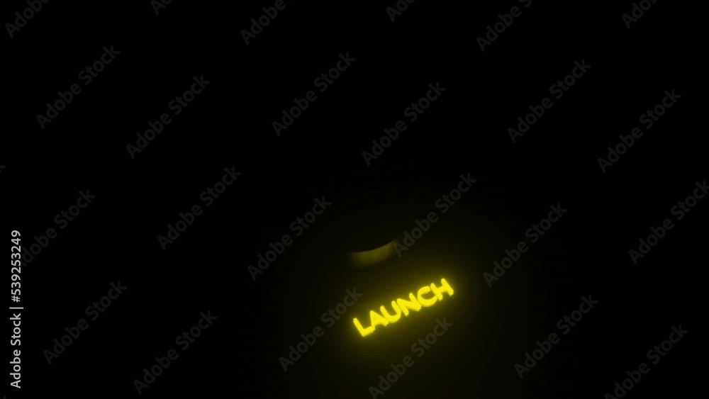 Poster Glowing 3d launch button. Design. Button to start computer system in dark. Neon startup sign with computer system button