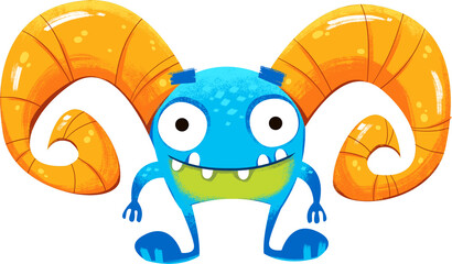 A cute funny blue monster with horns is standing, in a cartoon children's style © GreenPencil