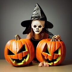 Festive witch with her pumpkins