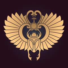 Gold Egyptian Scarab bug with wings And ankh symbol 