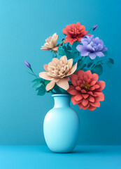 Bouquet of big colored flowers, on blue background, minimalist vase, 3d illustration