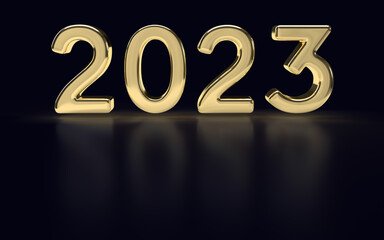 Gold numbers 2023 in elegant style with reflection. Realistic 3d sign. New Year event symbol. 3d render illustration on a dark blue background.