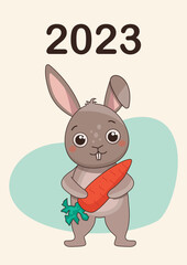 2023 calendar cover. With a cute symbol of the year - a bunny. Design for print.