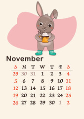 Vertical calendar 2023. Month of November. A hare in warm boots holds a mug with a hot tasty drink and drinks. A4 format. Vector.