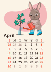 Vertical calendar 2023. Month of April. A hare in rubber boots is watering a young tree from a watering can. A4 format. Vector.