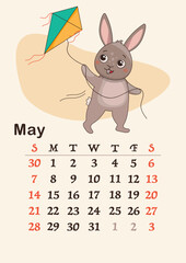 Vertical calendar 2023. The month of May. The hare is flying a kite. A4 format. Vector.