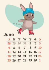 Vertical calendar 2023. Month of June. A hare in a helmet is rollerblading. A4 format. Vector.