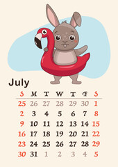 Vertical calendar 2023. Month of July. The hare holds an inflatable circle in the form of a flamingo at the waist. A4 format. Vector.