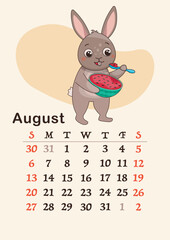 Vertical calendar 2023. Month of August. The hare eats a juicy watermelon with a spoon. A4 format. Vector.
