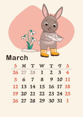 Vertical calendar 2023. Month of March. A hare in rubber boots holds a paper boat near the snowdrops. A4 format. Vector.