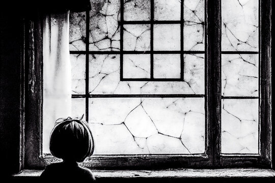 Image of terror with a puppet hanging from the window, black and white