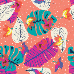 Pink Palm Tropic Vector Seamless Pattern.