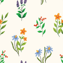 Seamless floral pattern, pretty decorative botanical print with folk motifs. Cute flower design with hand drawn wild plants: flowers, leaves isolated on white background. Vector floral illustration.