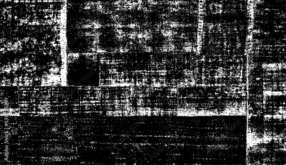 Poster Monochrome texture composed of irregular graphic elements. Distressed uneven grunge background. Abstract vector illustration. Overlay for interesting effect and depth. Isolated on white background.