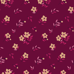 Fototapeta na wymiar Seamless floral pattern, cute ditsy print with small decorative flower branches in an abstract arrangement. Pretty floral surface design with flowers, leaves, branches on purple background. Vector.