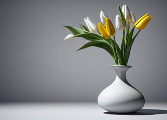 Fototapeta na wymiar Yellow and white tulip bouquet, flowers in a white vase, 3d illustration