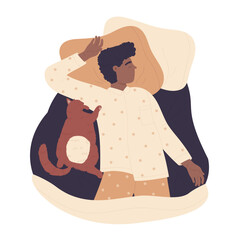 Relaxed sleeping boy with cat. Bedtime in bedroom, nap with domestic pet vector illustration