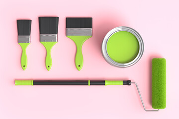Set of metal cans or buckets with paint rollers and brushes on pink background.