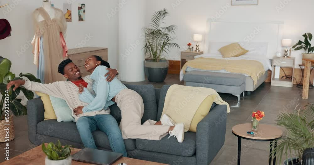 Canvas Prints Love, travel and honeymoon with a black couple in their holiday house to relax and getaway. Vacation, smile and living room with a happy young man and woman enjoying a weekend trip together